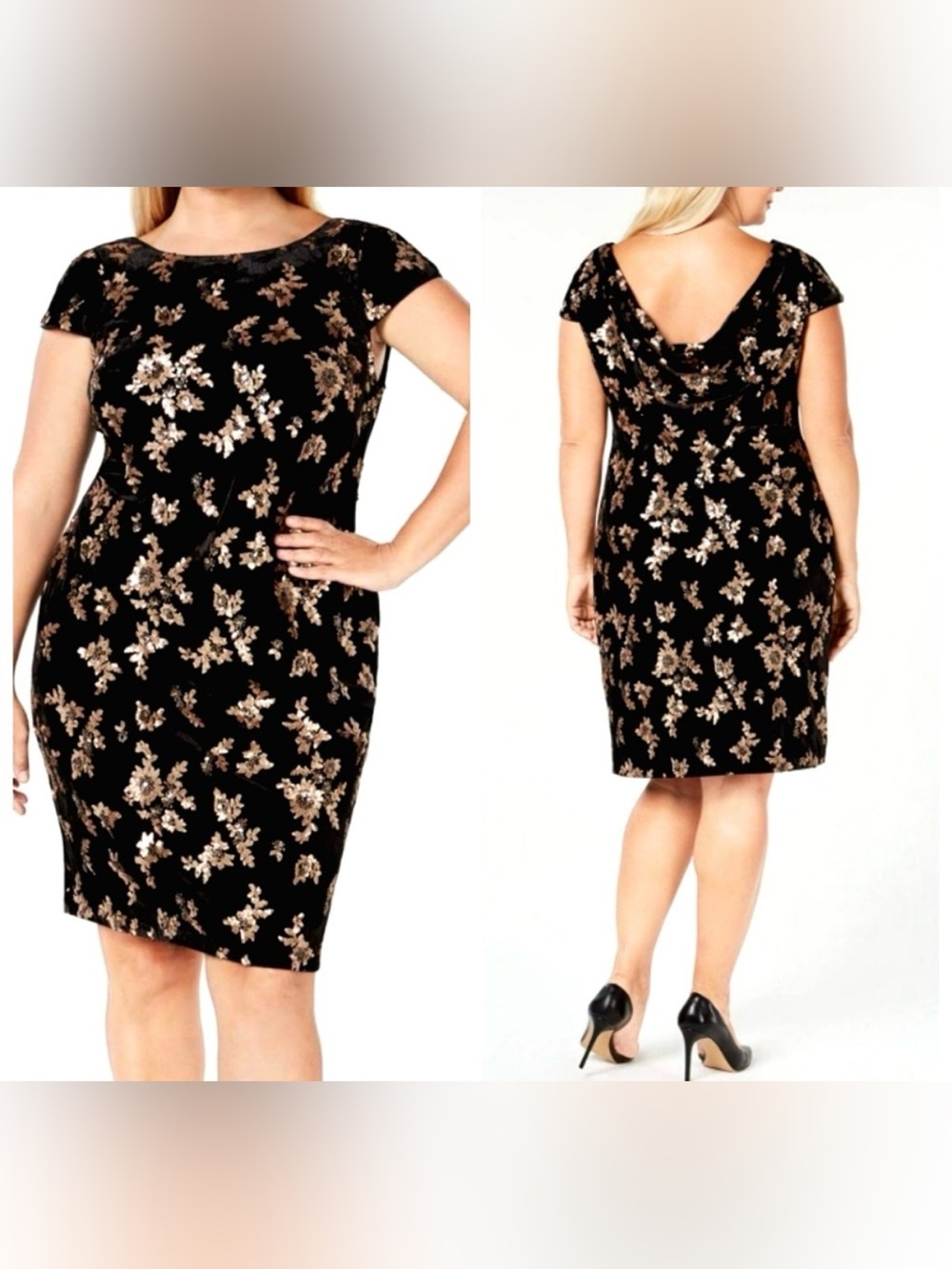 Calvin Klein Black Velvet Floral Cowl Back Dress with Gold Accents